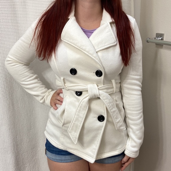 Women’s Sebby white and black-buttoned pea coat like jacket. Size XS - Picture 2 of 11